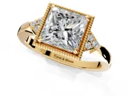 Cluster Engagement Ring Setting for Princess Cut Center with Milgrain Shoulder Clusters and Prong Head in Yellow Gold