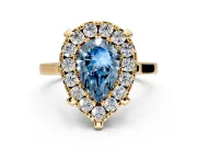 Single Halo Engagement Ring Setting for Fancy Blue Pear-Shaped Center with Corner Claws, Plain Band and Prong Head in Yellow Gold