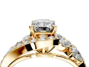 Halo Engagement Ring Setting for Emerald Cut Center with Marquise and Pave Bypass Band and Prong Head in Yellow Gold