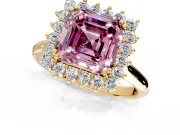 Starburst Halo Engagement Ring Setting for Fancy Pink Asscher Cut Center with Thin Round-Wire Band and Prong Head in Yellow Gold