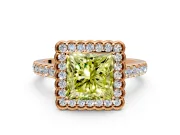 Milgrain Floral Halo Engagement Ring Setting for Fancy Yellow Princess Cut Center with Pave Band and Prong Head in Rose Gold