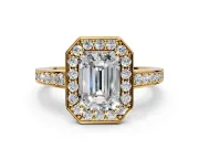 Bezel-Framed Halo Engagement Ring Setting for Emerald Cut Center with Pave Band and Prong Head in Yellow Gold