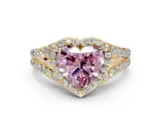Halo Engagement Ring Setting for Fancy Pink Heart-Shaped Center with Narrow Pave Split Shank and Prong Head in Yellow Gold