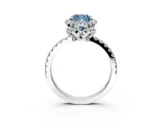 Halo Engagement Ring Setting for Fancy Blue Cushion Cut Center with Openwork Halo, Pave Band and Prong Head in White Gold