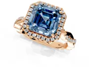 Halo Engagement Ring Setting for Fancy Blue Asscher Cut Center with Pave and Plain Twist Band and Prong Head in Rose Gold