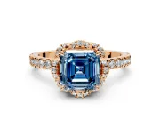 Floral Halo Engagement Ring Setting for Fancy Blue Asscher Cut Center with Pave Band and Prong Head in Rose Gold