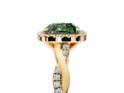 Halo Engagement Ring Setting for Fancy Green Cushion Cut Center with Pave and Plain Twist Band and Prong Head in Yellow Gold