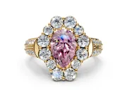 Large Accent Halo Engagement Ring Setting for Fancy Pink Pear-Shaped Center with Pave Split Shank and Prong Head in Yellow Gold