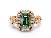 Halo Engagement Ring Setting for Fancy Green Emerald Cut Center with Open Scroll Shoulders and Prong Head in Rose Gold