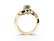 Halo Engagement Ring Setting for Fancy Green Oval Center with Marquise and Pave Bypass Band and Prong Head in Yellow Gold