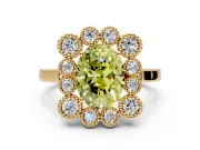 Cluster Halo Engagement Ring Setting for Fancy Yellow Oval Center with Milgrain Bezel Accents and Prong Head in Yellow Gold