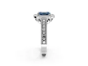 Milgrain Halo Engagement Ring Setting for Fancy Blue Emerald Cut Center with Pave Band and Prong Head in Platinum
