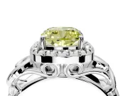 Halo Engagement Ring Setting for Fancy Yellow Cushion Cut Center with Open Scroll Shoulders and Prong Head in Sterling Silver