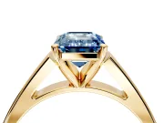 Solitaire Engagement Ring Setting for Fancy Blue Emerald Cut Center with Tapered Split Shoulders and Prong Head in Yellow Gold