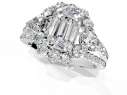 Halo Engagement Ring Setting for Emerald Cut Center with Two-Strand Split Shank and Prong Head in Platinum