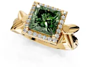 Halo Engagement Ring Setting for Fancy Green Princess Cut Center with Floral Band and Prong Head in Yellow Gold