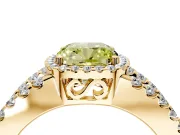 Halo Engagement Ring Setting for Fancy Yellow Cushion Cut Center with Wide-Open Pave Split Shank and Prong Head in Yellow Gold