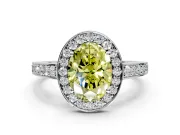 Bezel-Framed Halo Engagement Ring Setting for Fancy Yellow Oval Center with Pave Band and Prong Head in Platinum