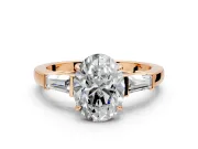 3 Stone Engagement Ring Setting for Oval Center with Baguette Accents and Prong Head in Rose Gold