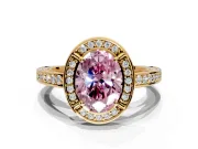 Halo Engagement Ring Setting for Fancy Pink Oval Center with Framed Halo, Pave Band and Prong Head in Yellow Gold