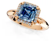 Halo Engagement Ring Setting for Fancy Blue Asscher Cut Center with Tapered Plain Band and Prong Head in Rose Gold