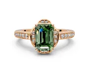 Floral Engagement Ring Setting for Fancy Green Emerald Cut Center with Four Accent Clusters and Prong Head in Rose Gold