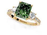 3 Stone Engagement Ring Setting for Fancy Green Radiant Cut Center with Round Cut Side Accents and Prong Head in Yellow Gold