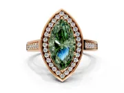 Halo Engagement Ring Setting for Fancy Green Marquise Center with Outer Bezel Rim, Pave Band and Prong Head in Rose Gold
