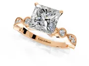 Solitaire Engagement Ring Setting for Princess Cut Center with Milgrain Bezel Accents and Prong Head in Rose Gold