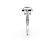 Bezel-Framed Halo Engagement Ring Setting for Asscher Cut Center with Pave Band and Prong Head in White Gold