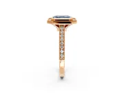 Halo Engagement Ring Setting for Fancy Blue Asscher Cut Center with Milgrain Pave Band and Bezel Head in Rose Gold