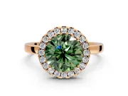 Halo Engagement Ring Setting for Fancy Green Round Cut Center with Thin Plain Band and Prong Head in Rose Gold