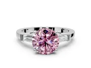 3 Stone Engagement Ring Setting for Fancy Pink Round Cut Center with Channel Baguette Accents and Prong Head in White Gold