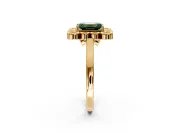 Cluster Halo Engagement Ring Setting for Fancy Green Emerald Cut Center with Milgrain Bezel Accents and Prong Head in Yellow Gold