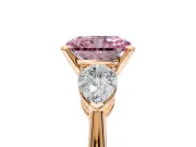 3 Stone Engagement Ring Setting for Fancy Pink Radiant Cut Center with Large Pear-Shaped Accents and Prong Head in Rose Gold