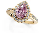 Pave Halo Engagement Ring Setting for Fancy Pink Pear-Shaped Center with Single Row Pave Band and Prong Head in Yellow Gold