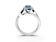 Halo Engagement Ring Setting for Fancy Blue Emerald Cut Center with Narrow Pave Split Shank and Prong Head in Platinum
