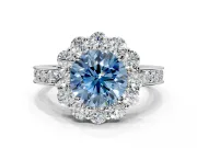 Halo Engagement Ring Setting for Fancy Blue Round Cut Center with Milgrain Channel Band and Prong Head in Platinum