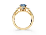 3 Stone Engagement Ring Setting for Fancy Blue Cushion Cut Center with Pave Split Shank and Prong Head in Yellow Gold