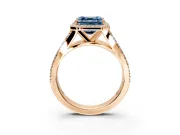Halo Engagement Ring Setting for Fancy Blue Asscher Cut Center with Narrow Pave Split Shank and Prong Head in Rose Gold