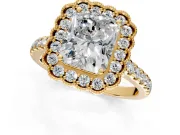 Milgrain Floral Halo Engagement Ring Setting for Radiant Cut Center with Pave Band and Prong Head in Yellow Gold