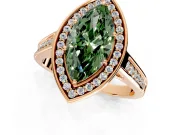 Halo Engagement Ring Setting for Fancy Green Marquise Center with Outer Bezel Rim, Pave Band and Prong Head in Rose Gold