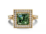 Halo Engagement Ring Setting for Fancy Green Princess Cut Center with Milgrain Rim, Pave Band and Prong Head in Yellow Gold