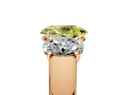 3 Stone Engagement Ring Setting for Fancy Yellow Oval Center with Raised Basket Heads and Prong Head in Rose Gold