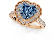 Milgrain Floral Halo Engagement Ring Setting for Fancy Blue Heart-Shaped Center with Pave Band and Prong Head in Rose Gold