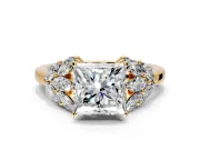 Leaf Cluster Engagement Ring Setting for Princess Cut Center with Marquise Accents and Prong Head in Yellow Gold