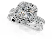 Halo Engagement Ring Setting for Cushion Cut Center with Double Pave Split Shank and Prong Head in Sterling Silver