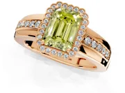 Halo Engagement Ring Setting for Fancy Yellow Emerald Cut Center with Wide Band, Inlaid Accent Row and Prong Head in Rose Gold