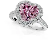 Halo Engagement Ring Setting for Fancy Pink Heart-Shaped Center with Narrowing Pave Band and Prong Head in Platinum