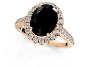 Halo Engagement Ring Setting for Fancy Black Oval Center with Narrowing Pave Band and Prong Head in Rose Gold